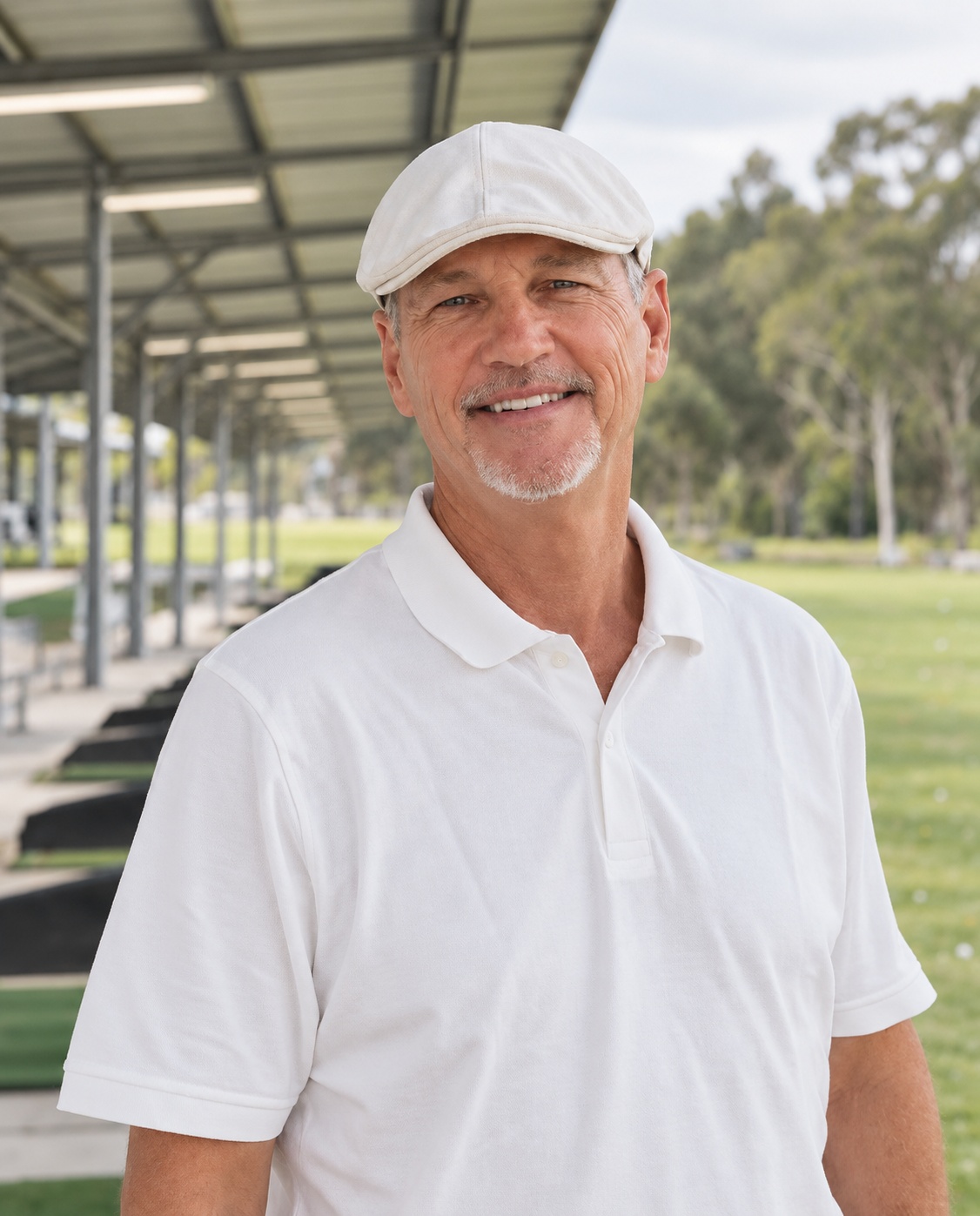 A smiling older man wearing a white polo shirt and white cap standing outdoors in a park or golf course area with trees and a shaded pavilion in the background.