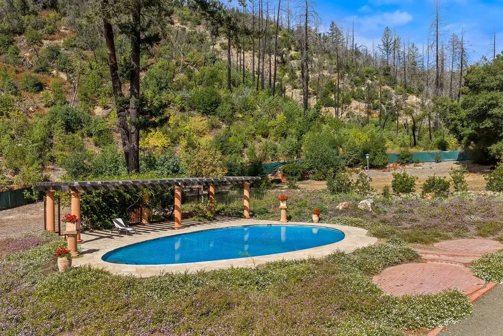 A backyard with a kidney-shaped swimming pool, surrounded by lush greenery, shrubs, and trees on a hillside, with a pergola, potted plants, and a paved pathway.