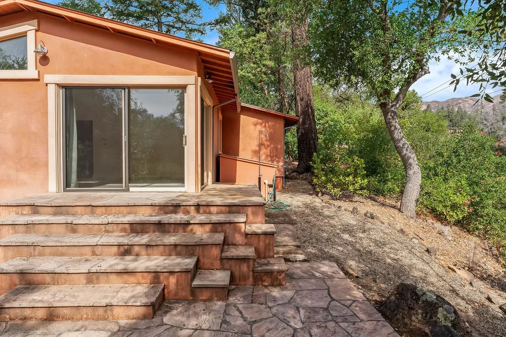 Backyard of a house with a patio featuring stone steps, trees, and lush greenery.