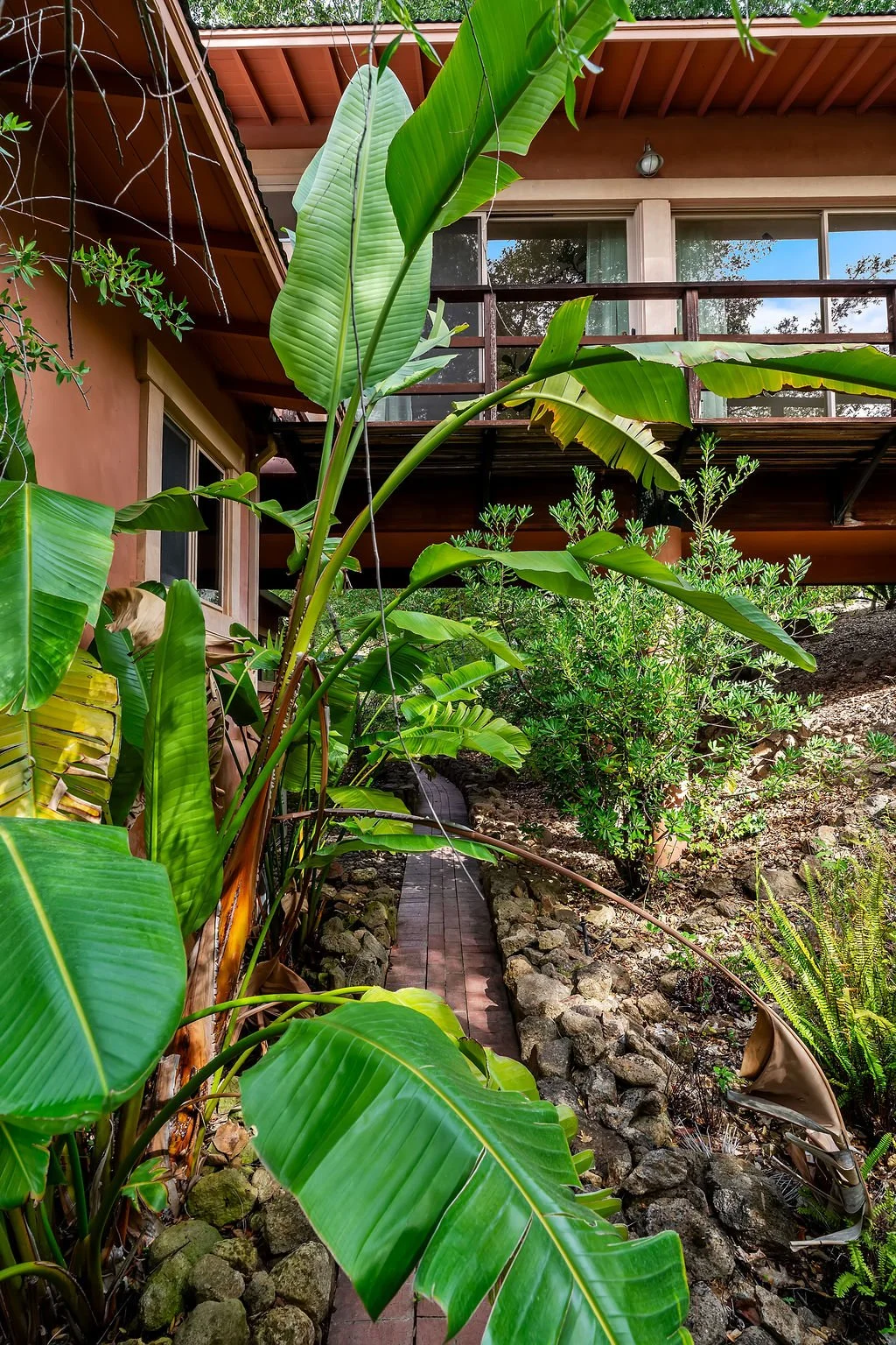 A lush garden path with large green banana and other tropical plants leading to a house with a balcony, brick pathway, brown wooden exterior, and large glass doors.
