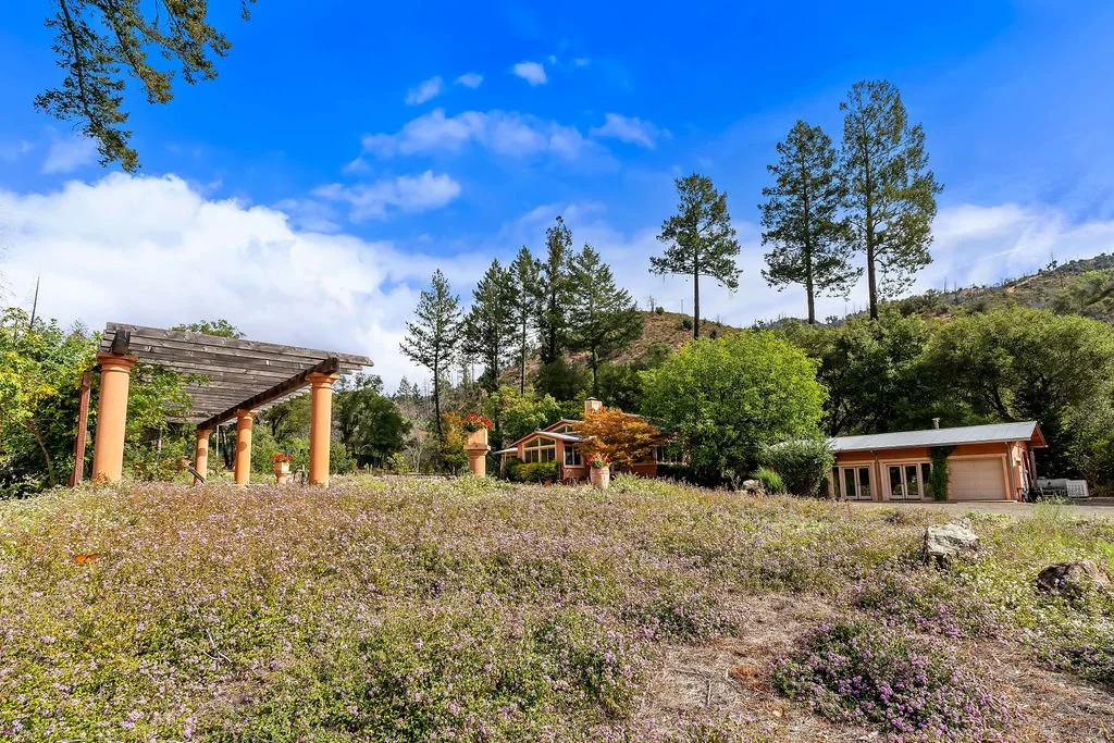 A scenic view of a house and garden on a hillside with tall trees, a blue sky with some clouds, and purple flowers in the foreground.