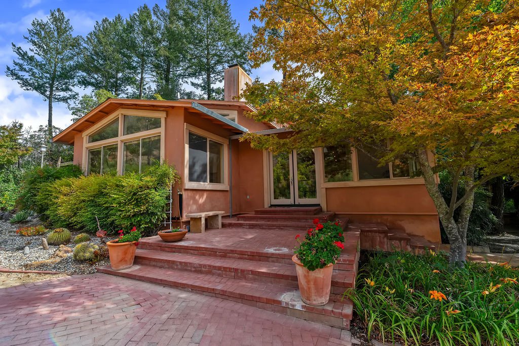 A house with large glass windows and a wooden porch steps surrounded by greenery and potted plants, with a large tree to the right and a garden bed with flowers to the left.