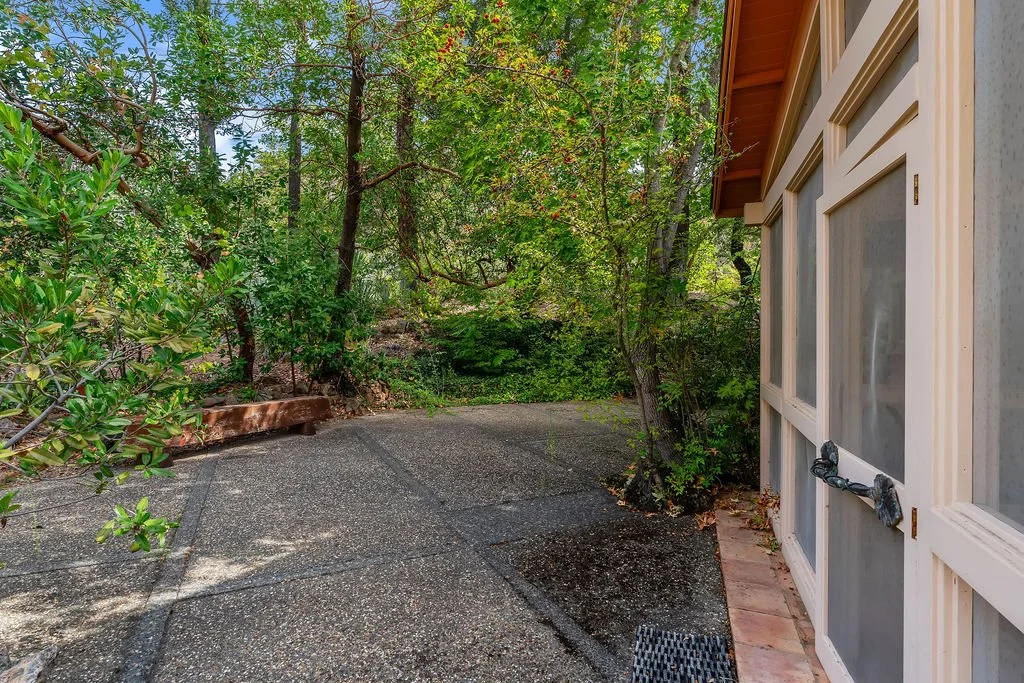 A backyard patio area with a concrete surface, surrounded by trees and bushes, next to a house with a screened porch and a path leading into a wooded area.
