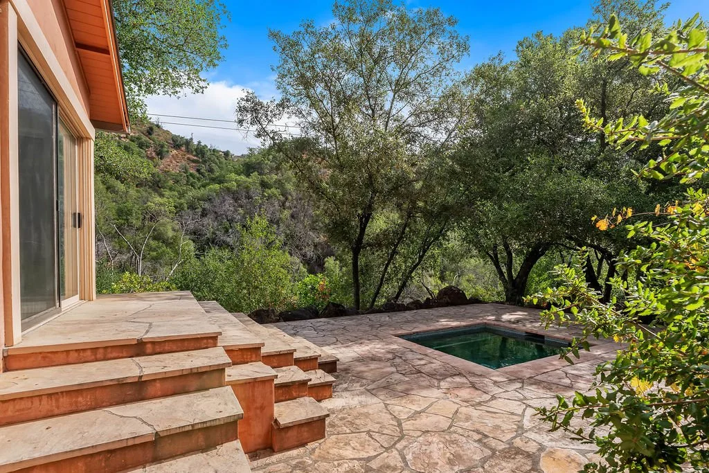 A backyard patio with stone steps leading to a small pool, surrounded by lush green trees and a distant hillside under a partly cloudy sky.