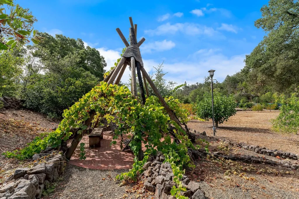 A wooden teepee structure with climbing green vines in a park or garden setting.