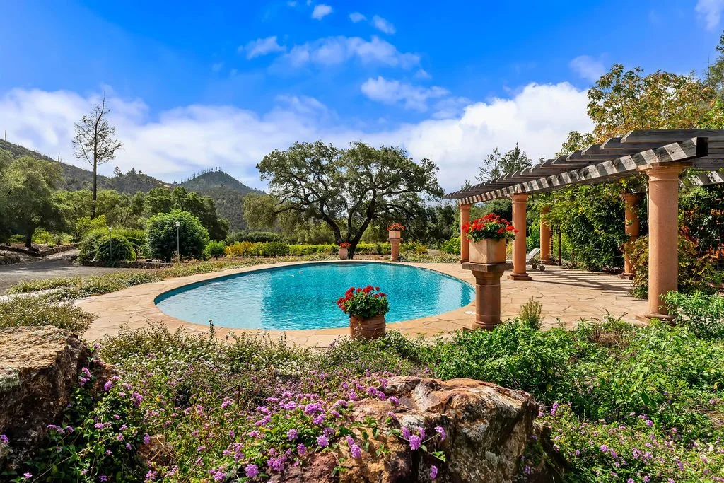 A landscaped backyard with a kidney-shaped swimming pool, surrounded by stone patio, potted flowers, a pergola covered with greenery, trees, and mountains in the background under a partly cloudy sky.