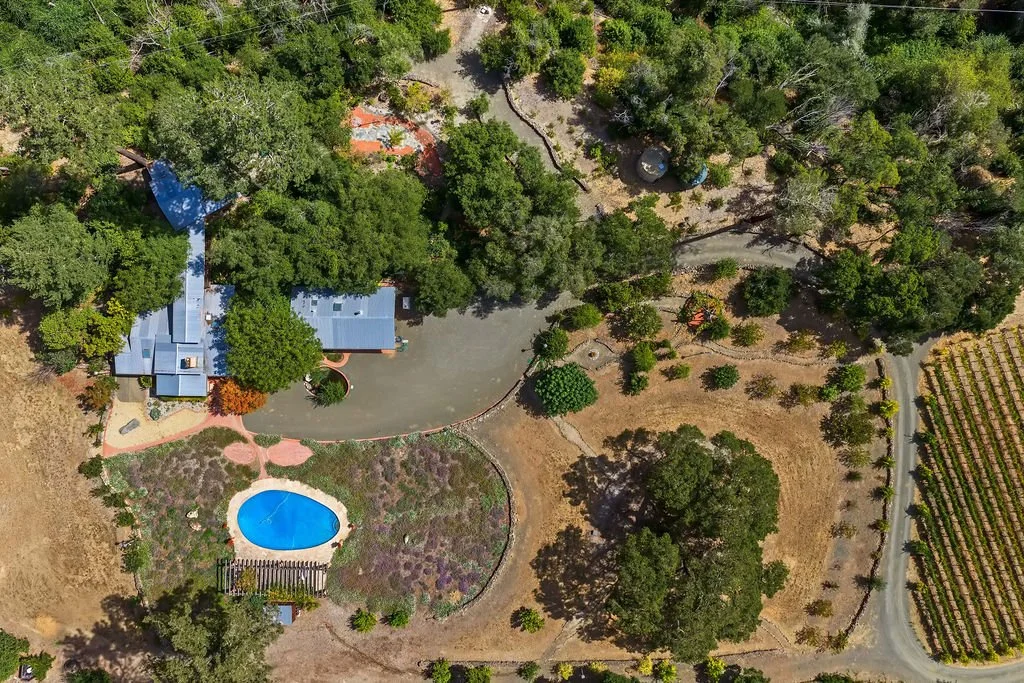 An aerial view of a house with a blue roof, surrounded by trees, a swimming pool, and a vineyard.