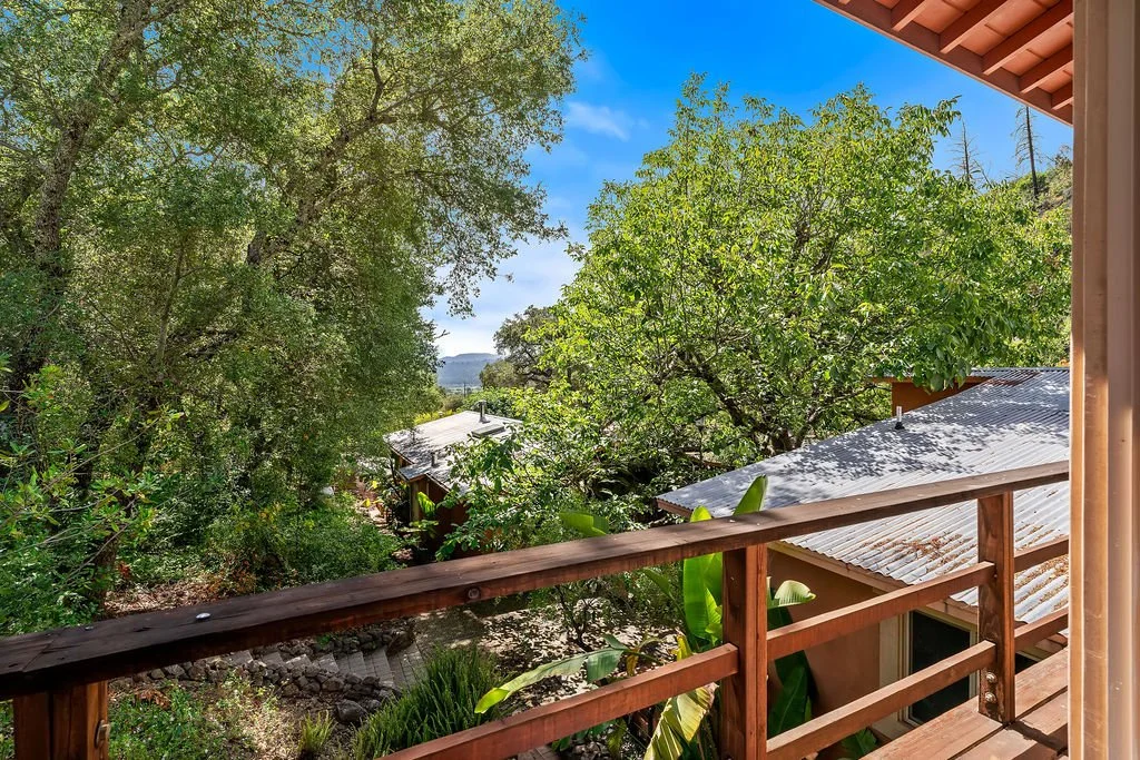 View from a balcony showing lush green trees and the rooftops of nearby houses under a bright blue sky.
