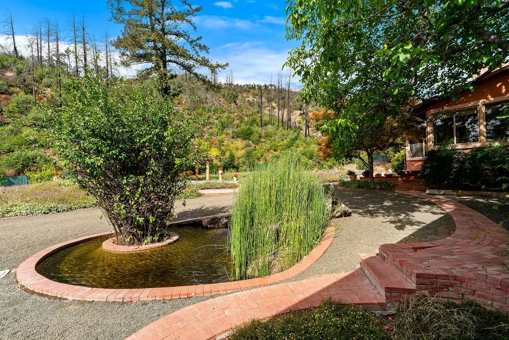 A landscaped yard with a small pond surrounding a bush and reeds, gravel pathways, a brick staircase, and a house with large windows shaded by trees, set against a hillside with trees under a partly cloudy sky.