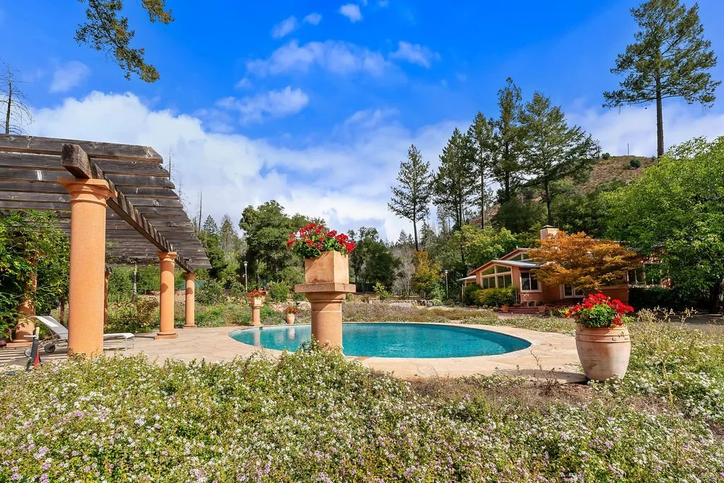 A backyard with a swimming pool surrounded by flower pots, trees, and a house in the background under a partly cloudy blue sky.