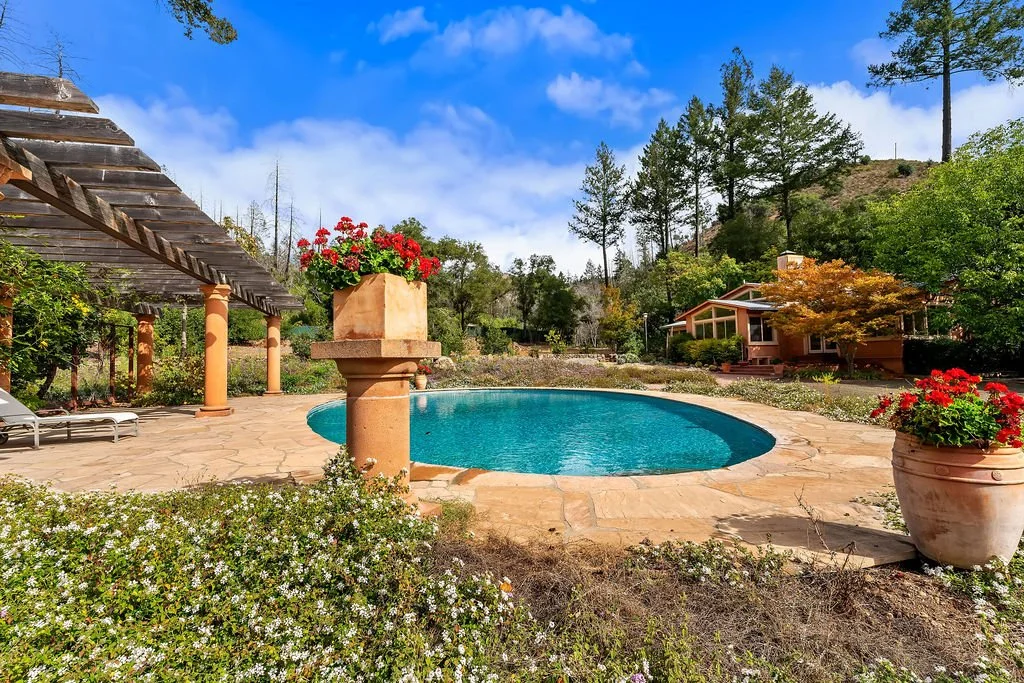 A backyard with a swimming pool, surrounded by potted flowers, trees, and a house in the background under a partly cloudy sky.