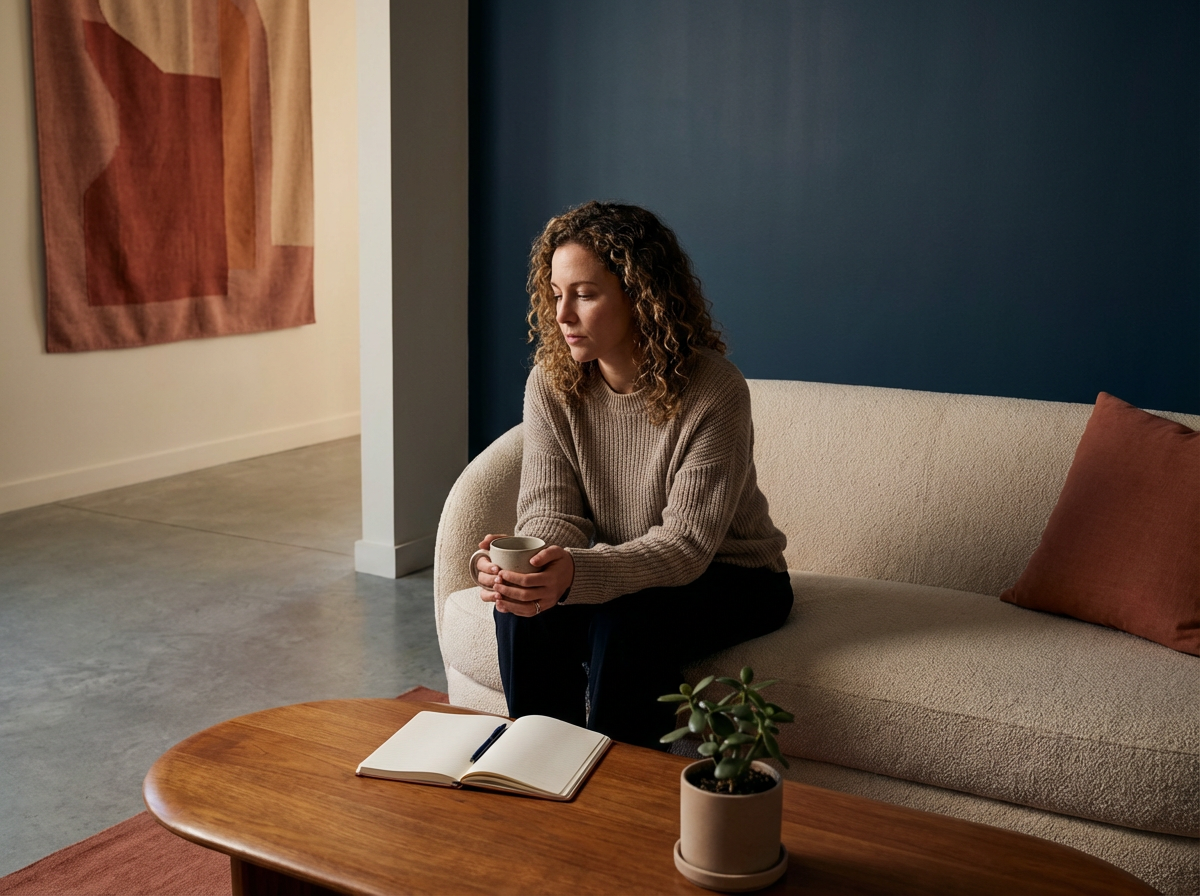 A woman sitting on a light-colored sofa in a living room, holding a mug in her hands, with a notebook on the wooden coffee table in front of her and a small potted plant nearby. She has curly hair and is wearing a beige sweater, looking thoughtful with her eyes closed.