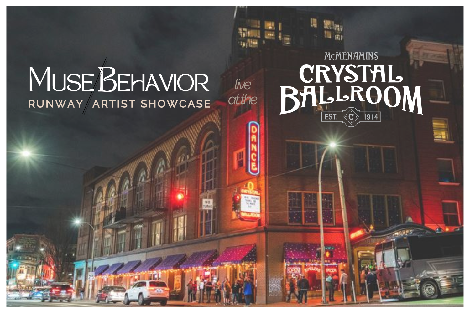 Night view of a lively street corner featuring a brick building with neon signs including a dance club and a marquee for Crystal Ballroom, with people walking, cars parked, and streetlights illuminating the scene.