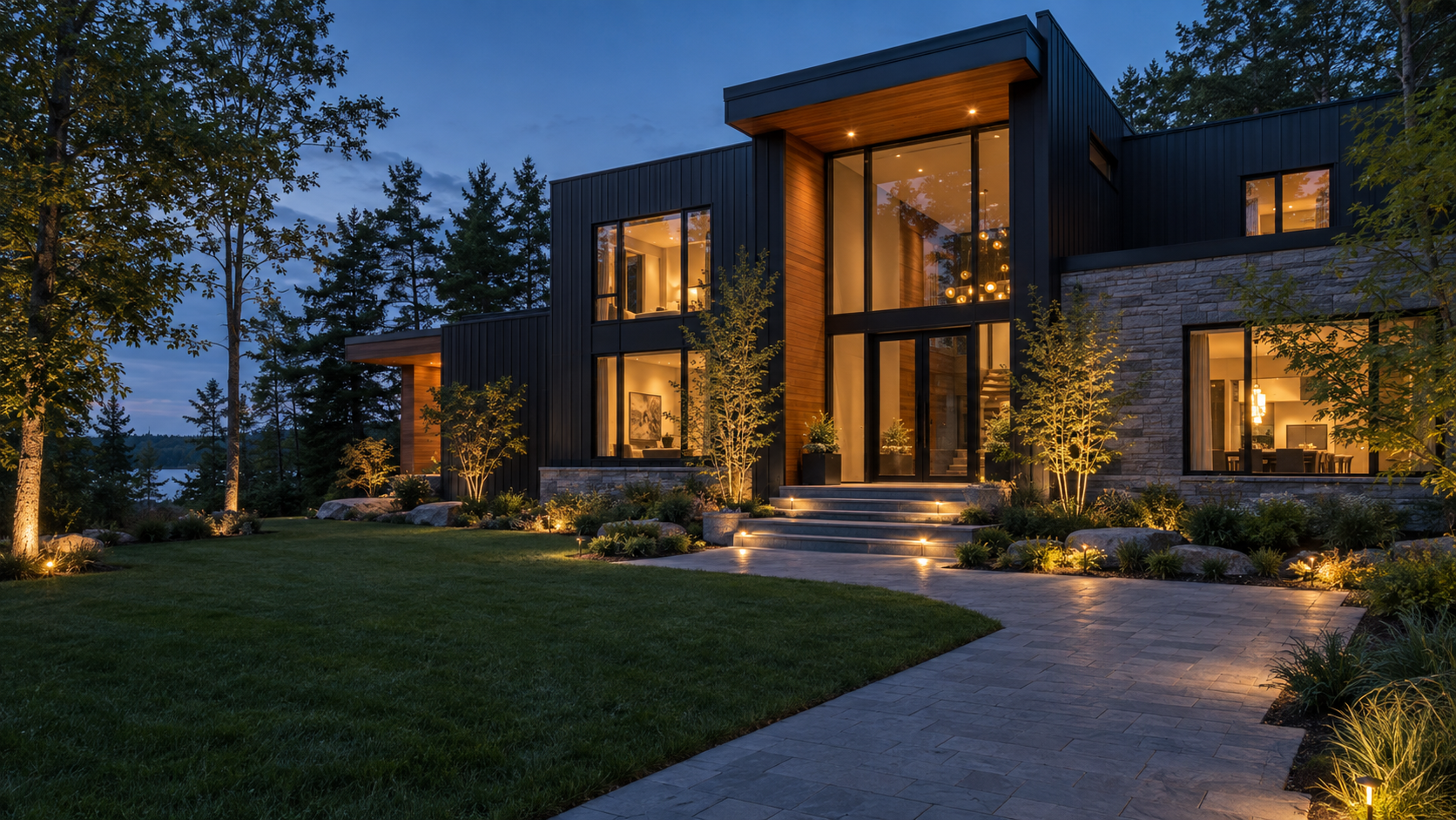 Modern black house with large glass windows and lit landscaping at dusk, surrounded by trees and a paved walkway.