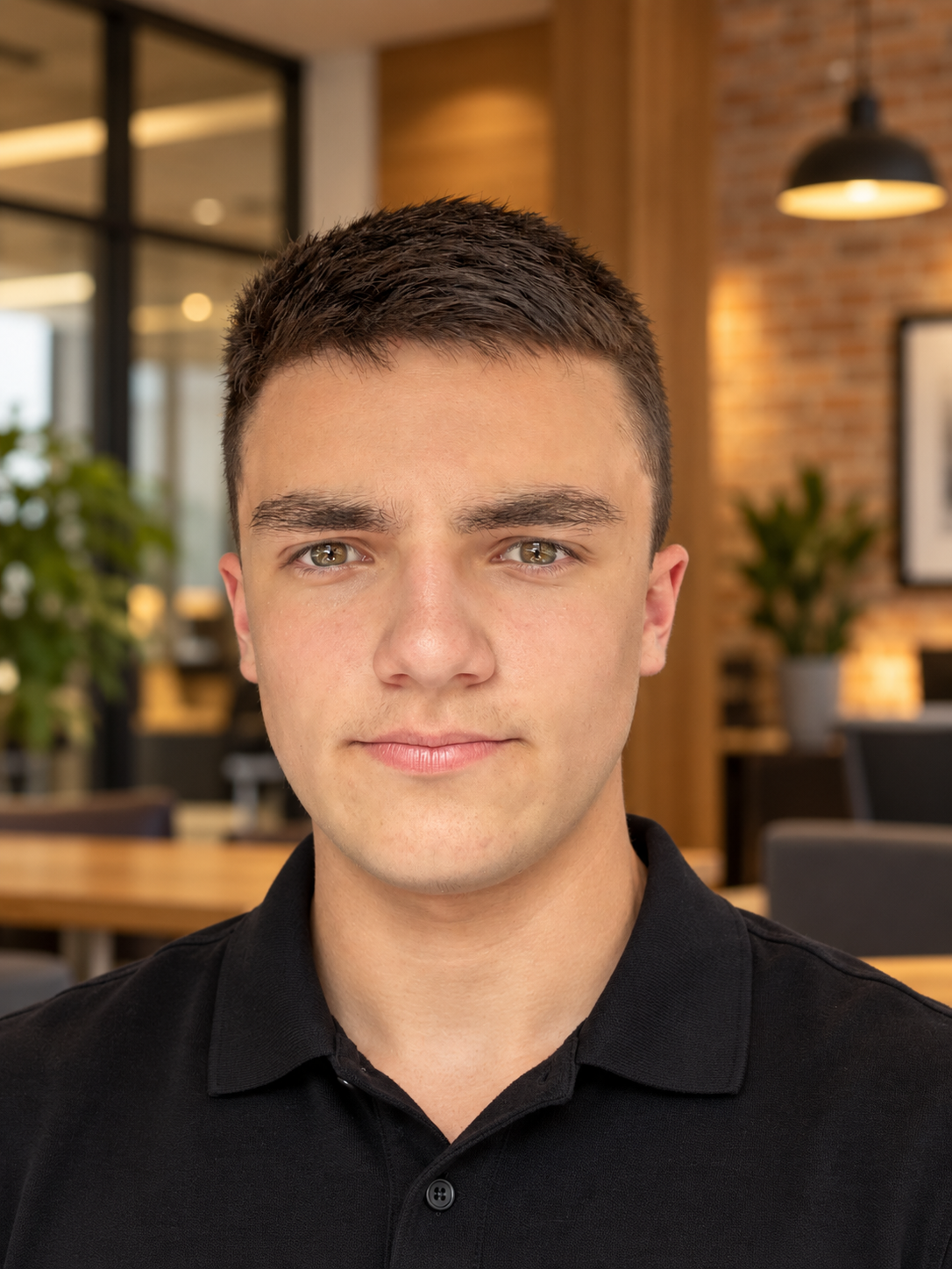 A young man with short brown hair and hazel eyes looking directly at the camera inside a modern, warmly lit indoor space with exposed brick walls, large windows, and green plants.