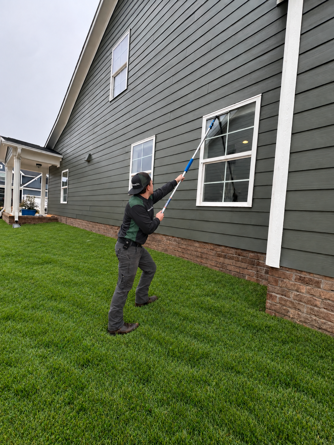 Person cleaning windows on a dark green house with a long pole, standing on a grassy lawn.