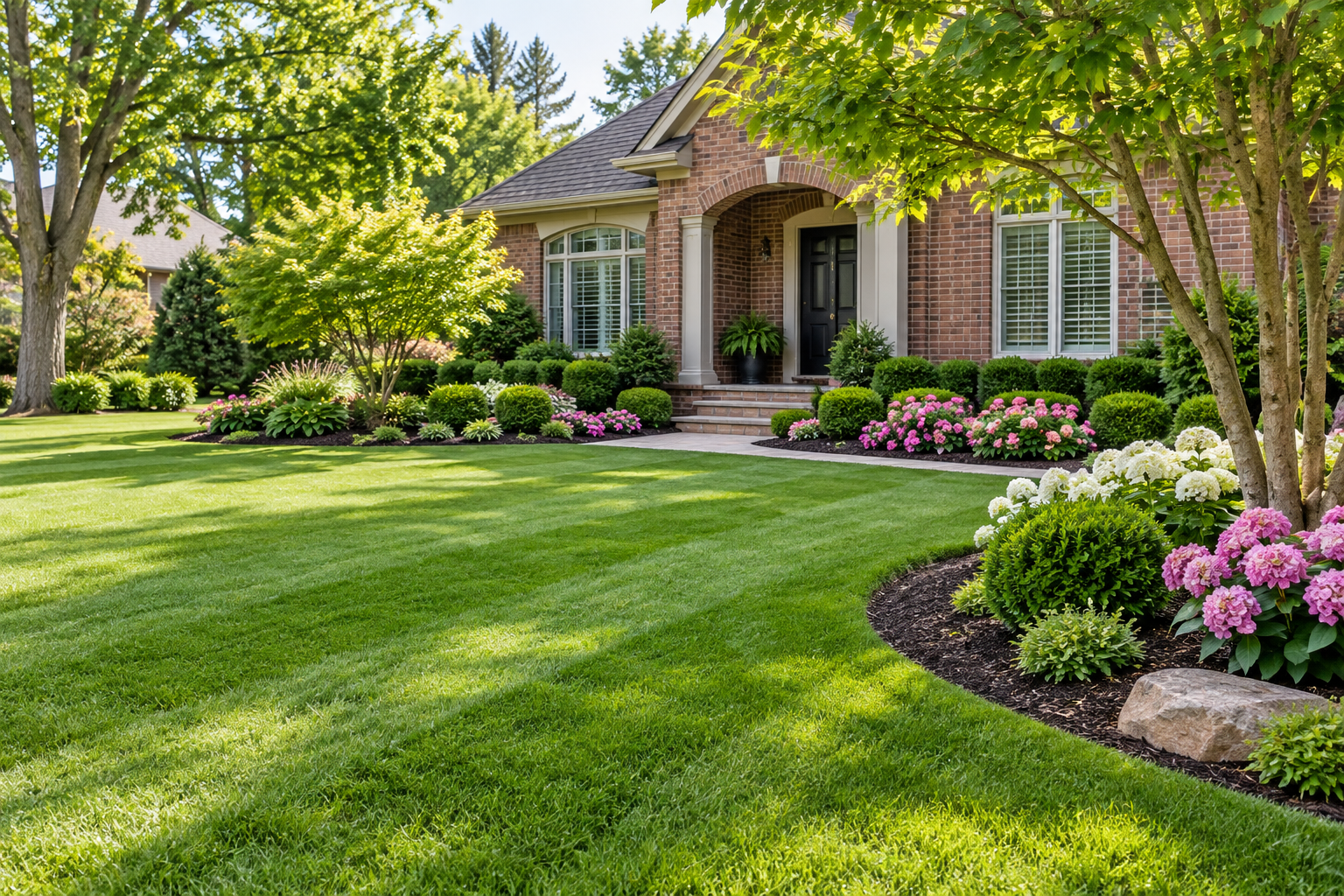 A well-maintained front yard with lush green grass, blooming pink and white hydrangeas, and trimmed bushes in front of a brick house with large windows and a black door, shaded by trees.