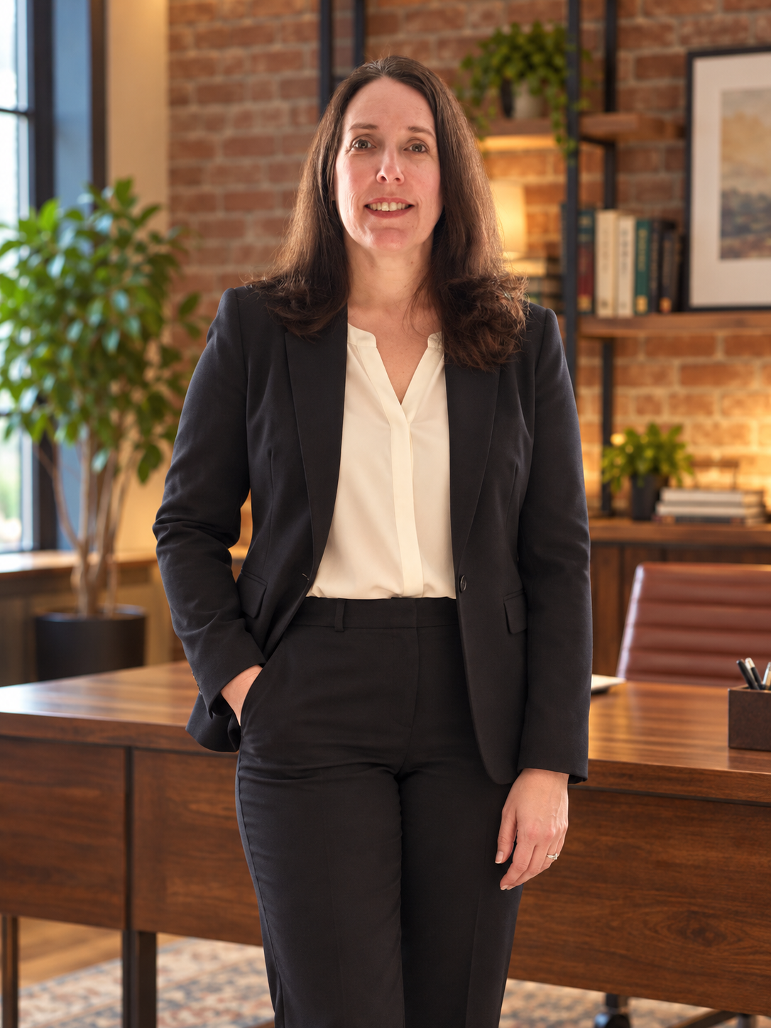 Businesswoman in a black suit and white blouse standing in an office with brick walls, large window, wooden desk, and potted plants.