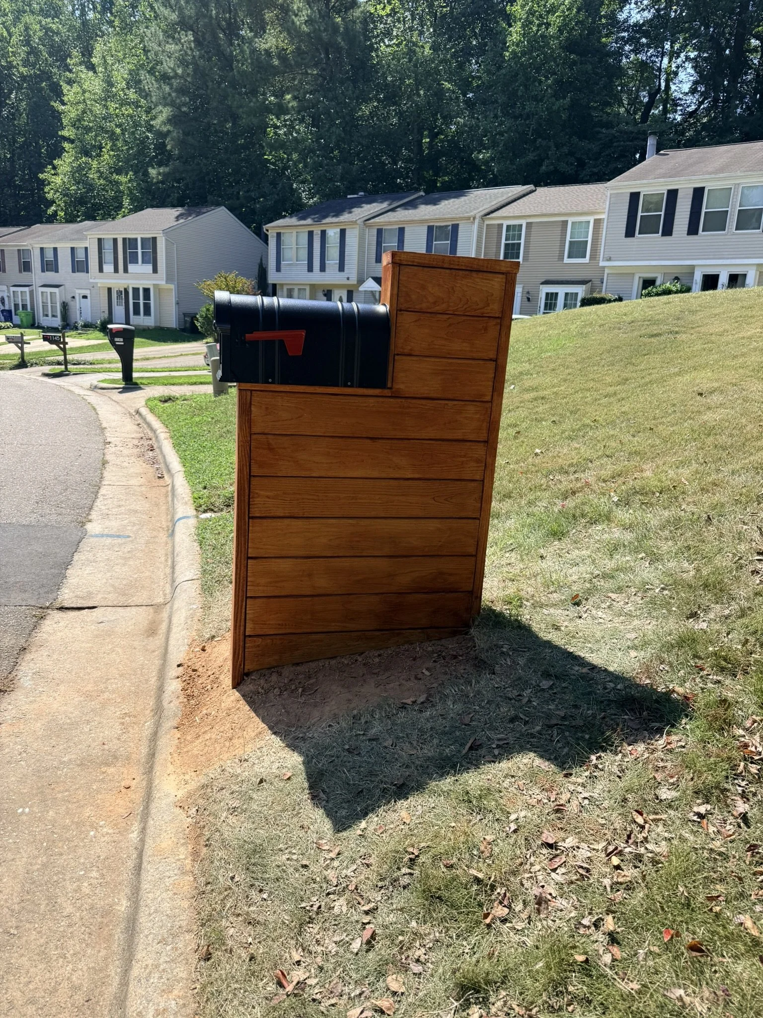 A black mailbox with a red flag mounted on a wooden post next to a sidewalk on a grassy area, with a row of houses with white siding and black shutters in the background, and trees behind the houses.