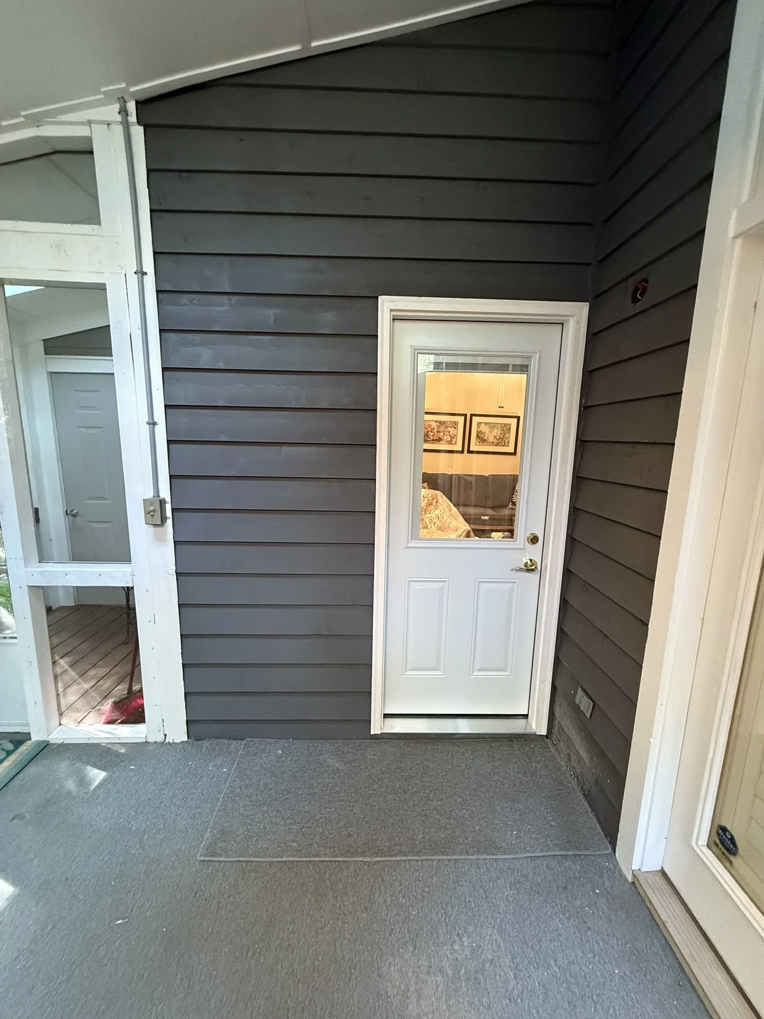 The image shows an indoor space with dark gray wood paneling on the walls and a gray carpeted floor. There is a white door with a window, through which a living room with framed pictures on the wall and a couch is visible. To the left, there is an op