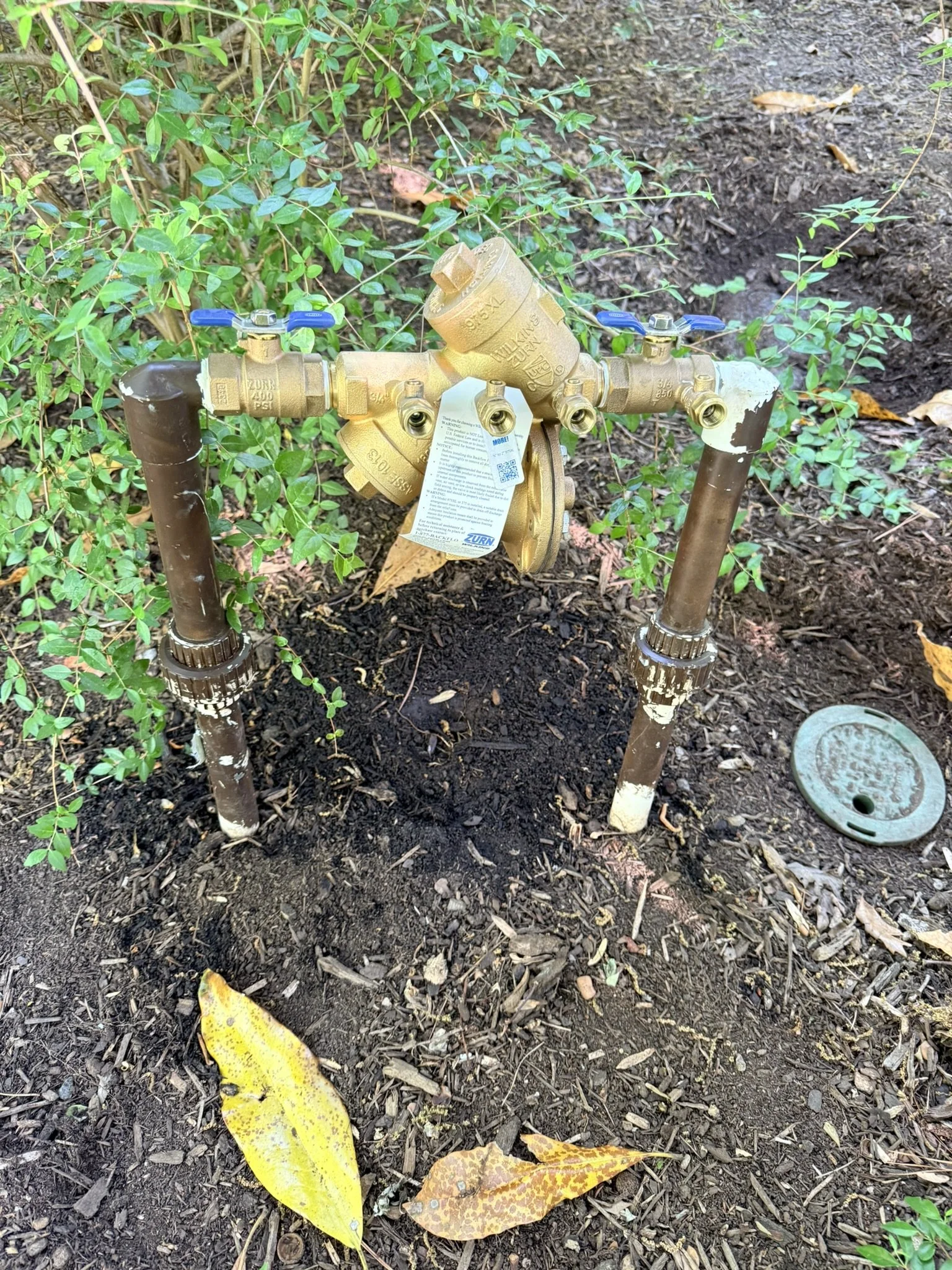An outdoor mainfold with brass fixtures, two blue valve handles, and a tag hanging from it. The manifold is mounted on two metal pipes in soil with fallen leaves and green plants nearby.