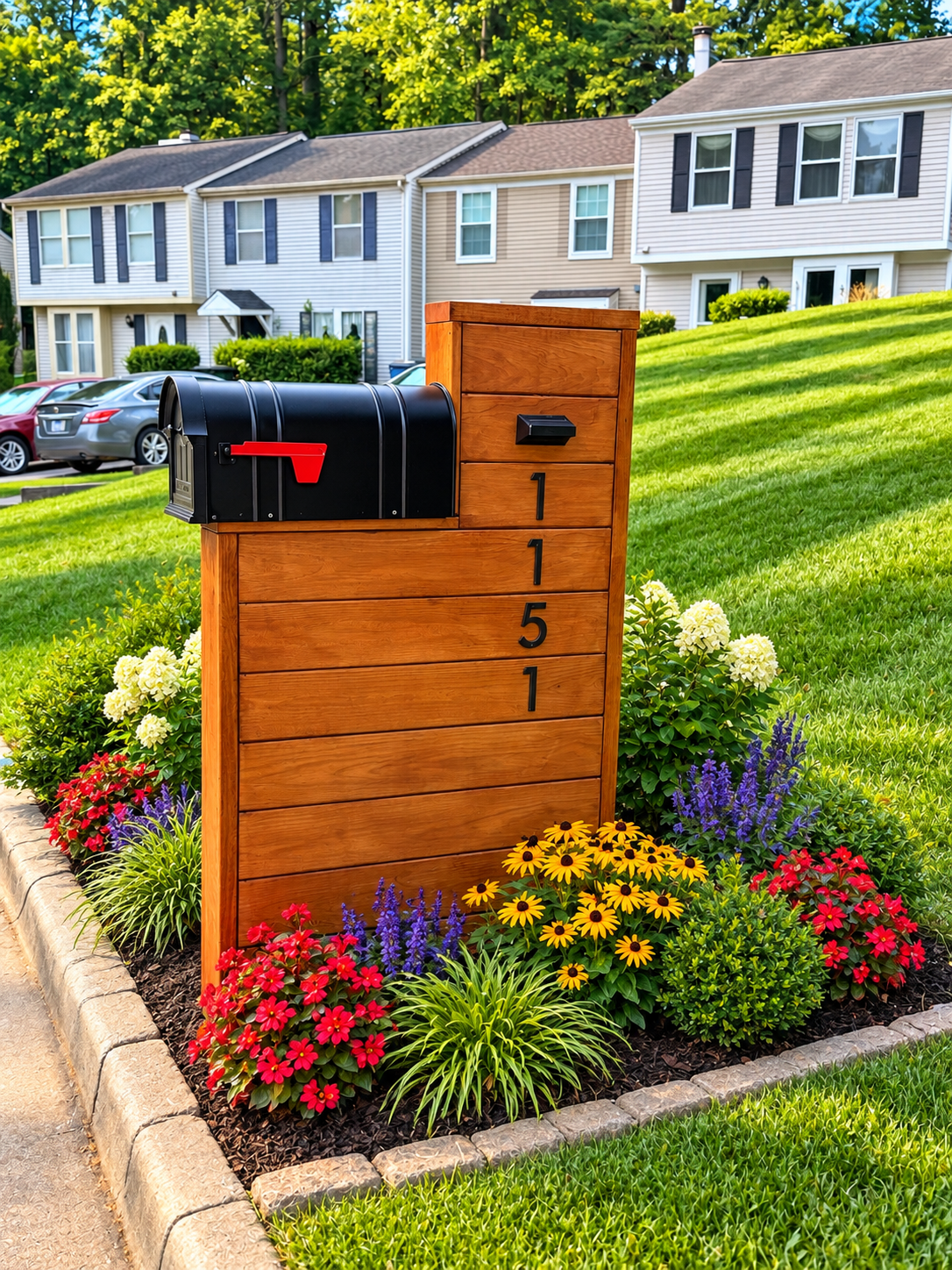 A black mailbox with a red flag on a wooden mailbox post, surrounded by colorful flowers in a flower bed on a residential lawn. Houses and cars are visible in the background.