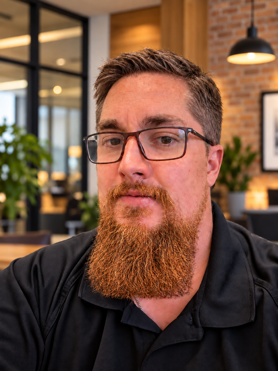Close-up of a man with glasses and a reddish beard in an indoor setting with warm lighting, plants, and modern decor.