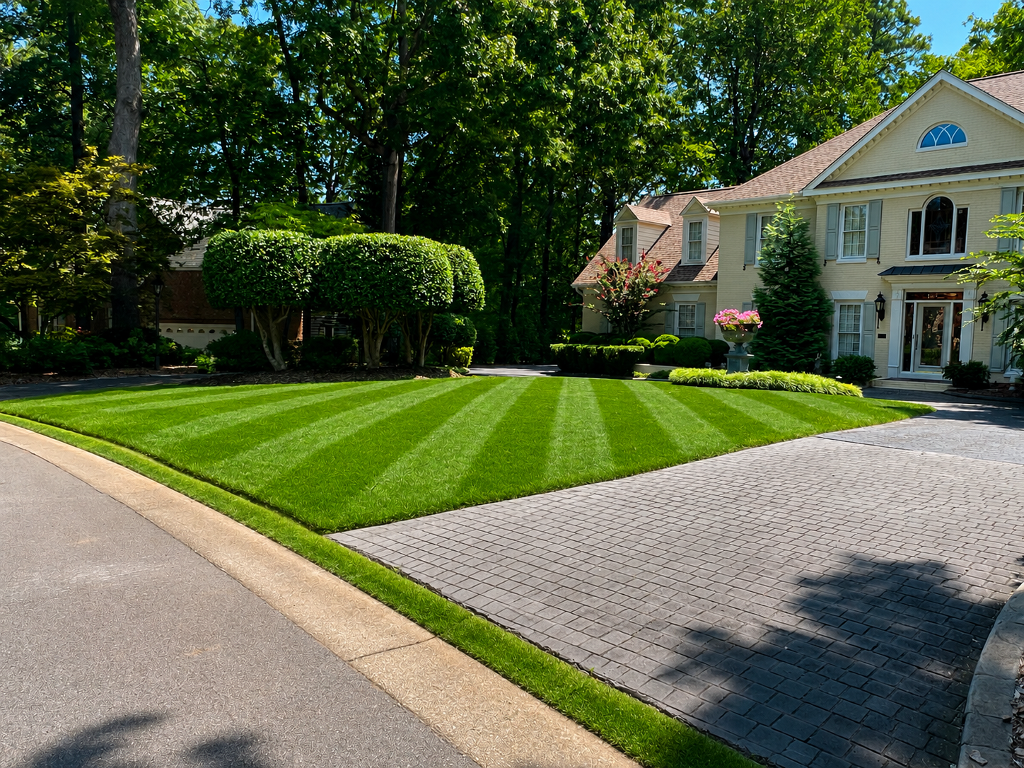 A well-maintained front yard with lush green grass, a paved driveway, a large yellow house with white trim, surrounded by trees and shrubbery, under a clear blue sky.