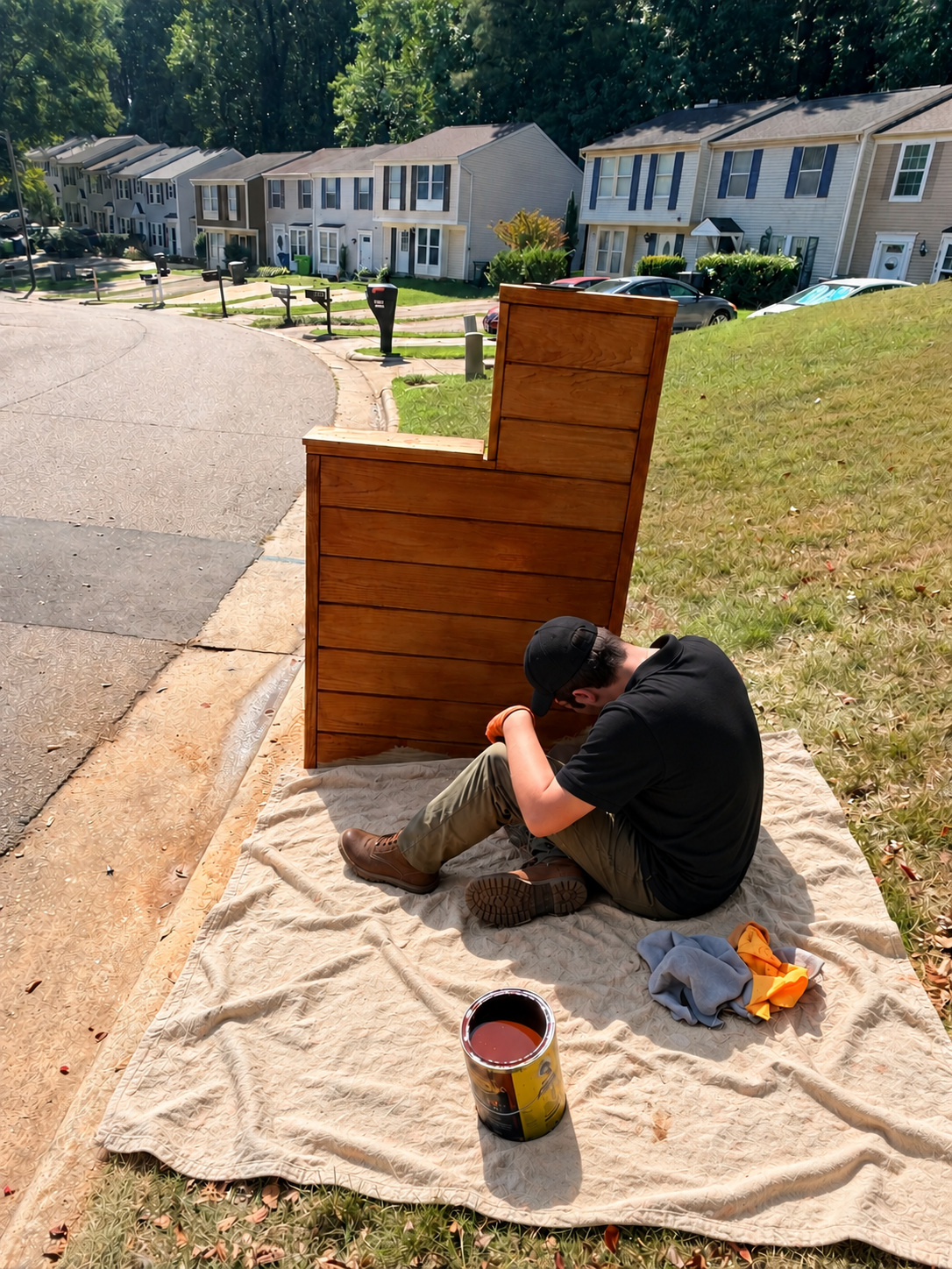 A young man sitting on a blanket outside near a wooden mailbox, with a can of stain nearby, staining the newly built wooden mailbox on a grassy area with a neighborhood of townhouses in the background.