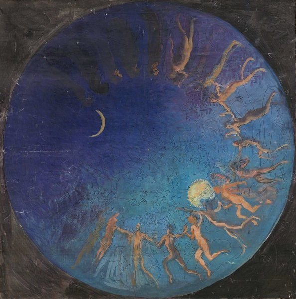 A circular painting depicting the zodiac constellation with human figures dancing around the sun, under a night sky with a crescent moon.