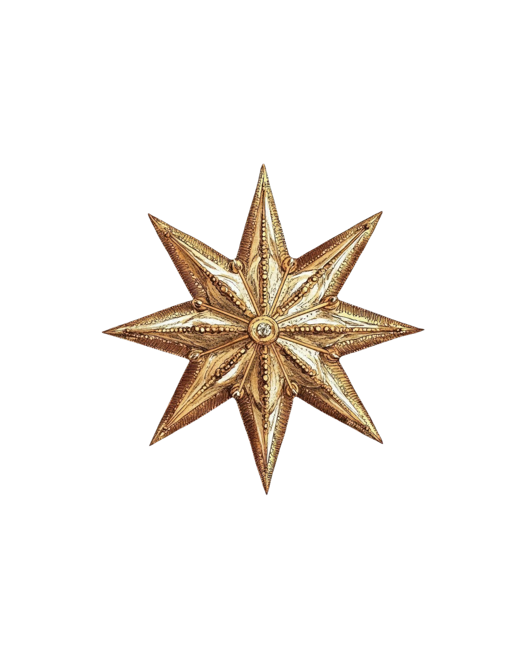 Gold star-shaped ornament with detailed pattern and a small gemstone at the center, isolated on black background.