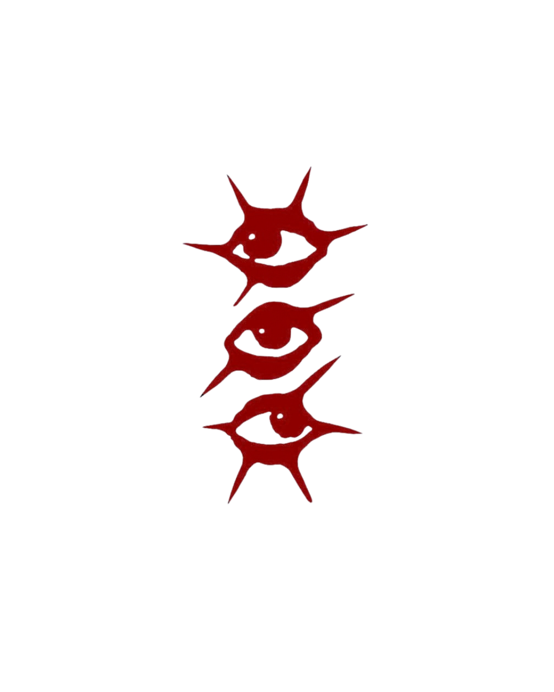 Set of four red star-shaped objects with cutouts, arranged vertically, with a reflection underneath.