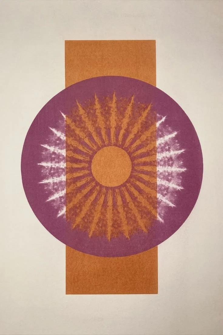Abstract geometric artwork with a large purple circle, a brown rectangle behind it, and a radiating sunburst pattern inside the circle, with white lightning-like accents on the sides.