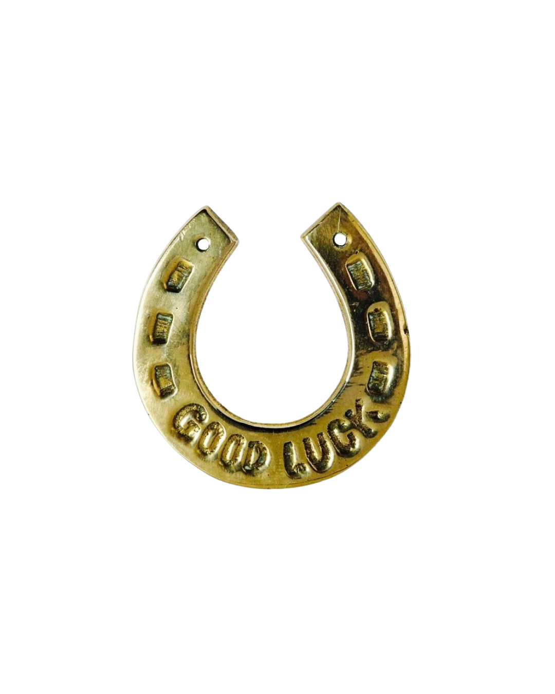 A metallic badge in the shape of a horseshoe with the words 'Good Luck!' engraved on it, set against a black background.