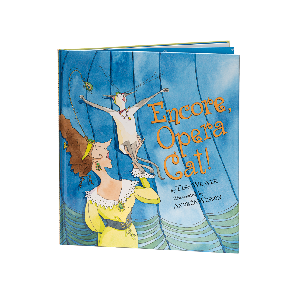 The cover of the Tess Weaver children’s book titled Encore, Opera Cat! featuring a bright blue curtain background, a siamese cat sitting in the hand of a woman in a yellow dress, both of them singing.