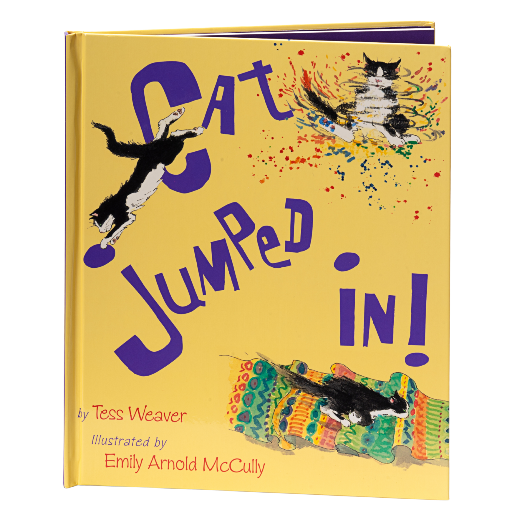 The cover of the Tess Weaver children’s book titled Cat Jumped In! featuring a black and white cate bounding across the cover that has purple lettering against a bright yellow background.