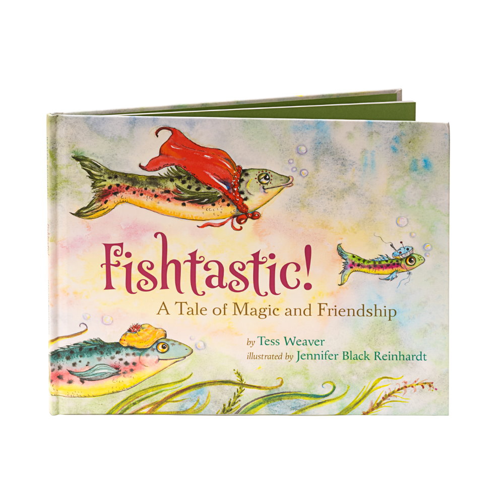The cover of the Tess Weaver children’s book titled Fishtastic! featuring three fish with little hats and one in a red cloak swimming against a multi-colored foggy background.