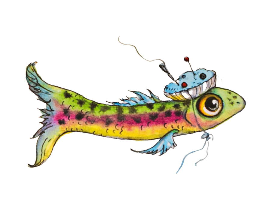 An illustration of a little green and pink fish with a pin-cushion hat by Jennifer Black Reinhardt.