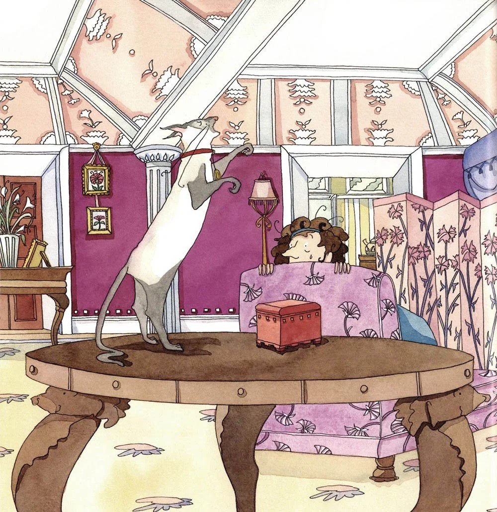 An illustration by artist Andrea Wesson featured in the children's book by Tess Weaver featuring a siamese cat standing on its hind legs on a table top while a woman crouches behind a purple chair, a tear on her cheek.
