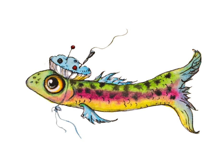 An illustration of a little green and red fish with black spots and a little pin-cushion hat by Jennifer Black Reinhardt