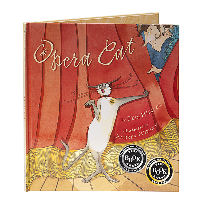 The cover of the Tess Weaver children’s book titled Opera Cat featuring a bright red curtain, a siamese cat standing on its hind legs and singing, while a woman peeks in from the corner.