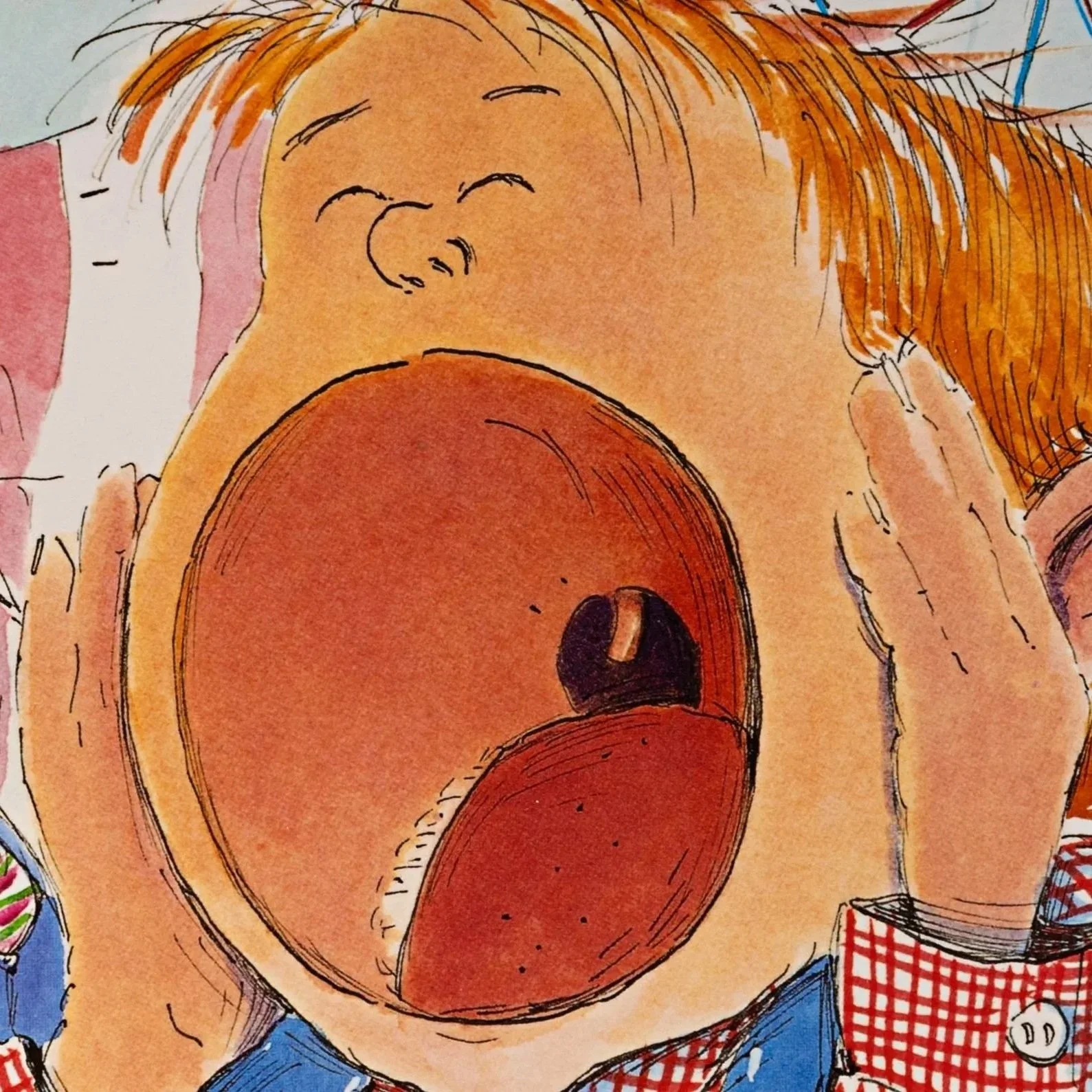A colorful illustration by Debbie Tilley of a red-haired child hollering with a large circular open mouth, his hands cupped around his cheeks.