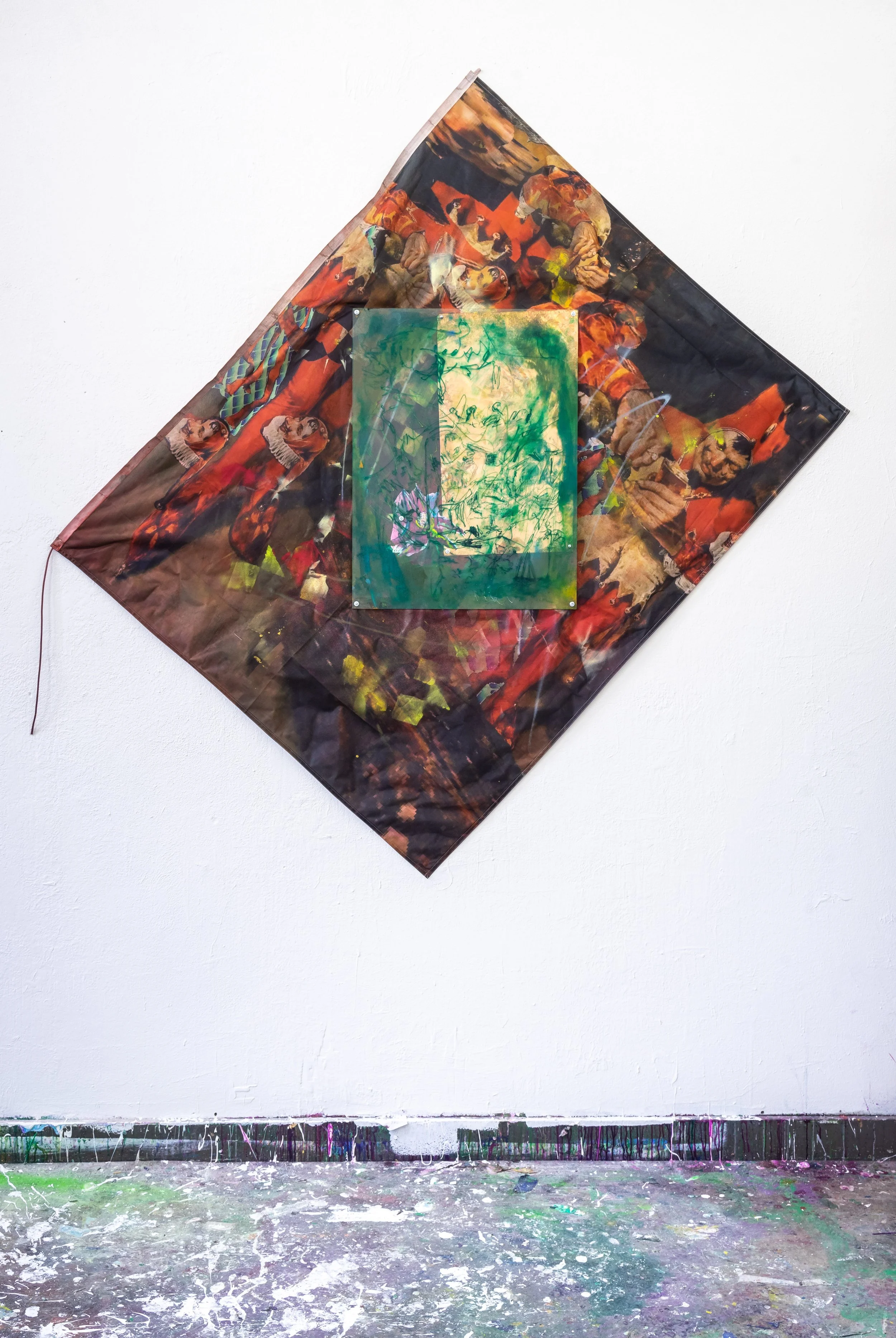 Don't ask about the greats - 195cmx203cm - acrylic on printed flag, plexiglas and paper, with copper, bolts and screw - 2024