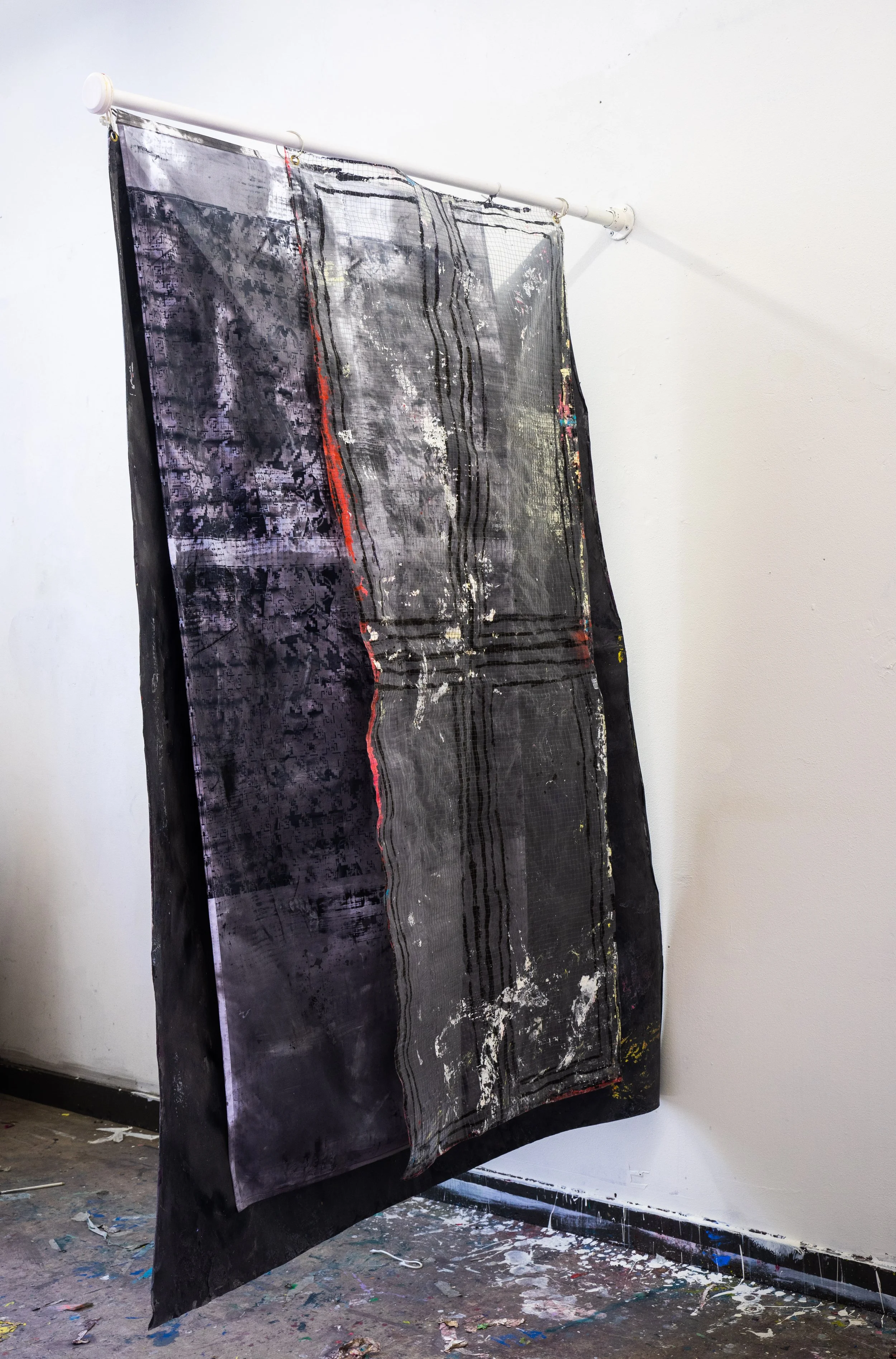 Permanent working title - 3 flags 
200x100cm acrylic paint on printed flags - 
200x100cm acrylic paint with alcohol ink on plastic sheed - 
210x145cm acrylic paint on canvas - 
flagpole 140cm - 
acrylic paint on canvas - 
2021