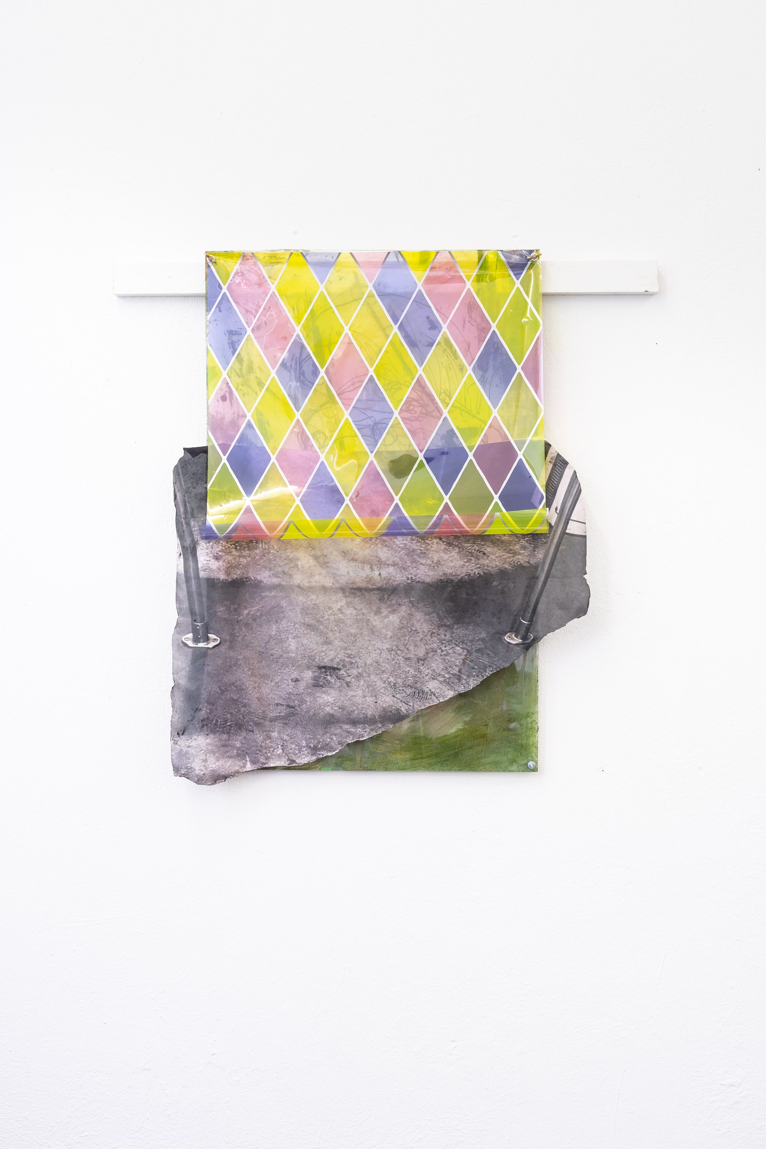 Shadows -  83x65cm.- acrylic paint and pigment on plexiglas, plastic foil and printed flag hold togehter with Bolds - 2025