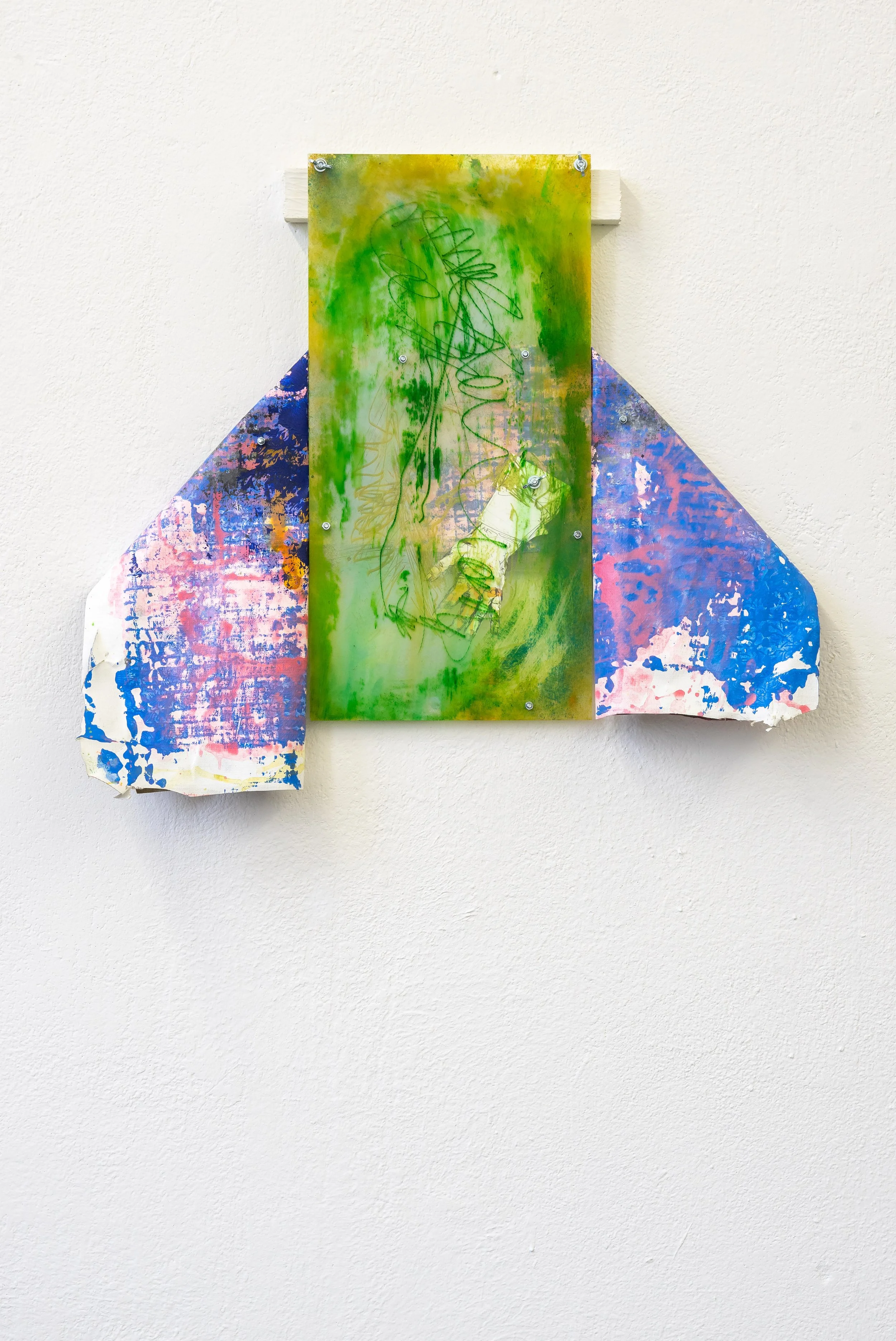 Don't ask about our fate - 58cmx66cm - acrylic on canvas, plexiglas and paper with bolts and screw - 2024