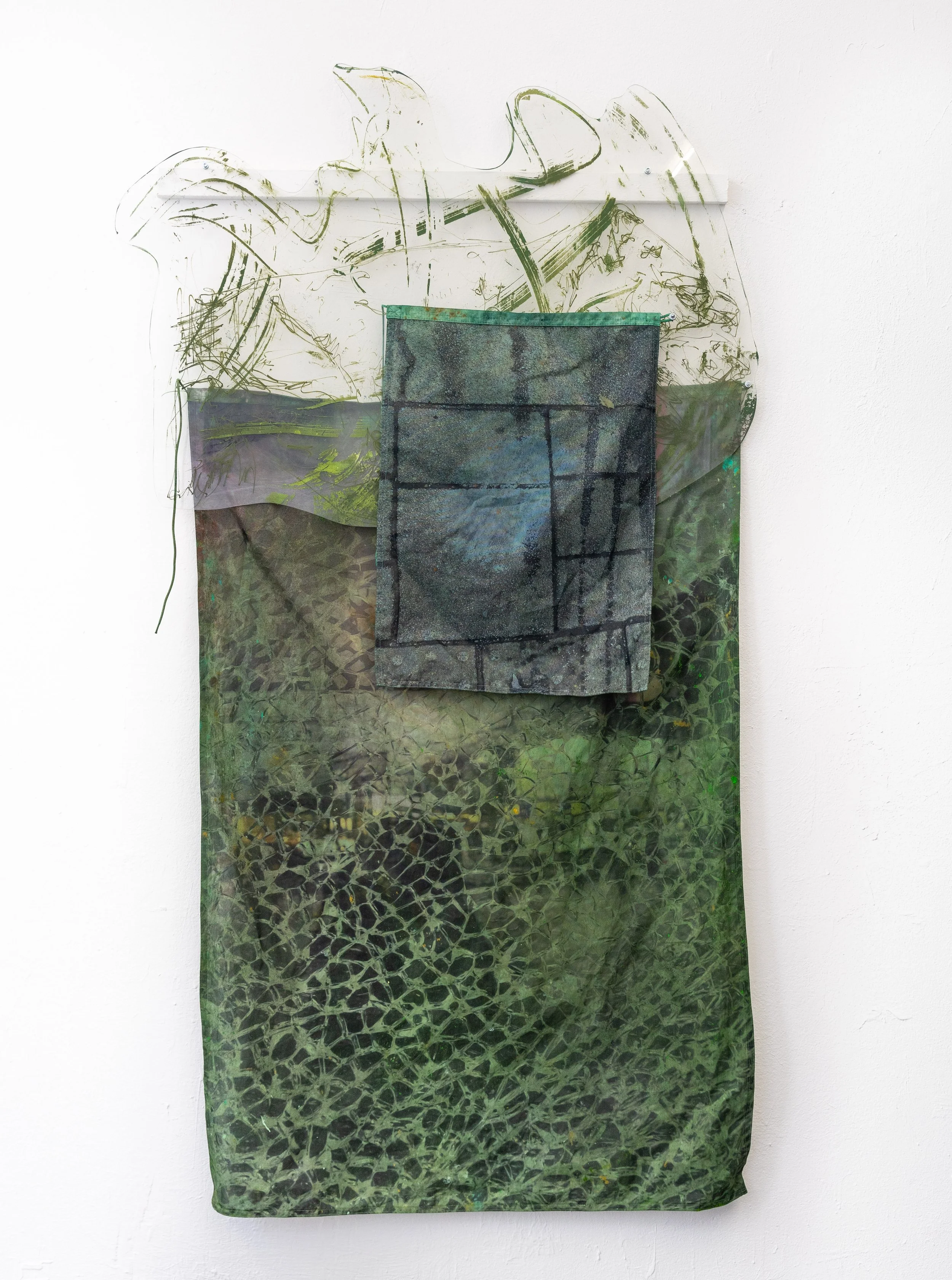 Plastic bag - 199x113cm - acrylic paint and pigment on plexiglas and printed flag hold togehter with Bolds - 2025