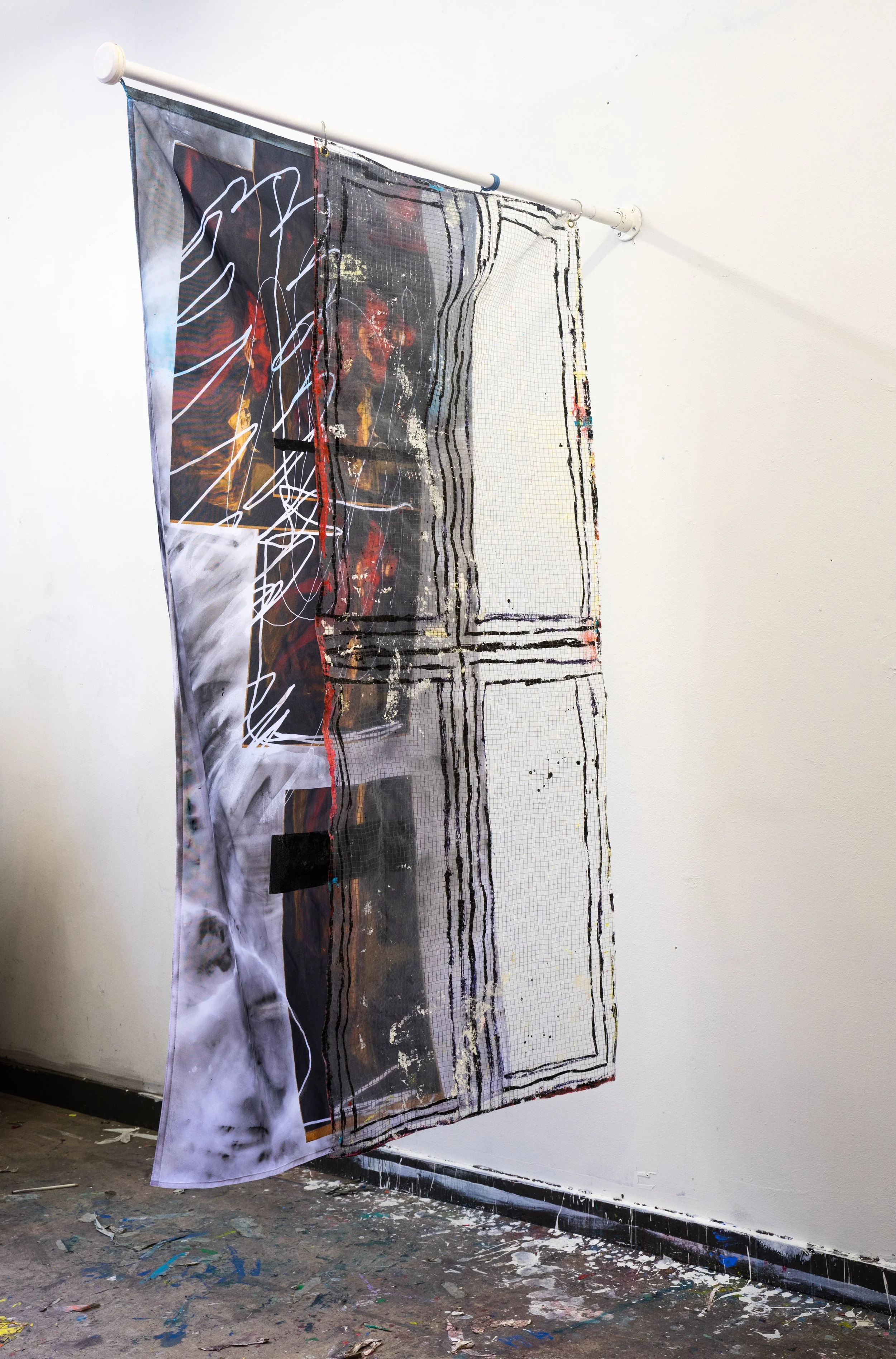 Permanent working title - flags of 200cmx100cm - acrylic paint on printed flags and acrylic paint with alcohol ink on plastic sheed - flagpole 160cm - 2021