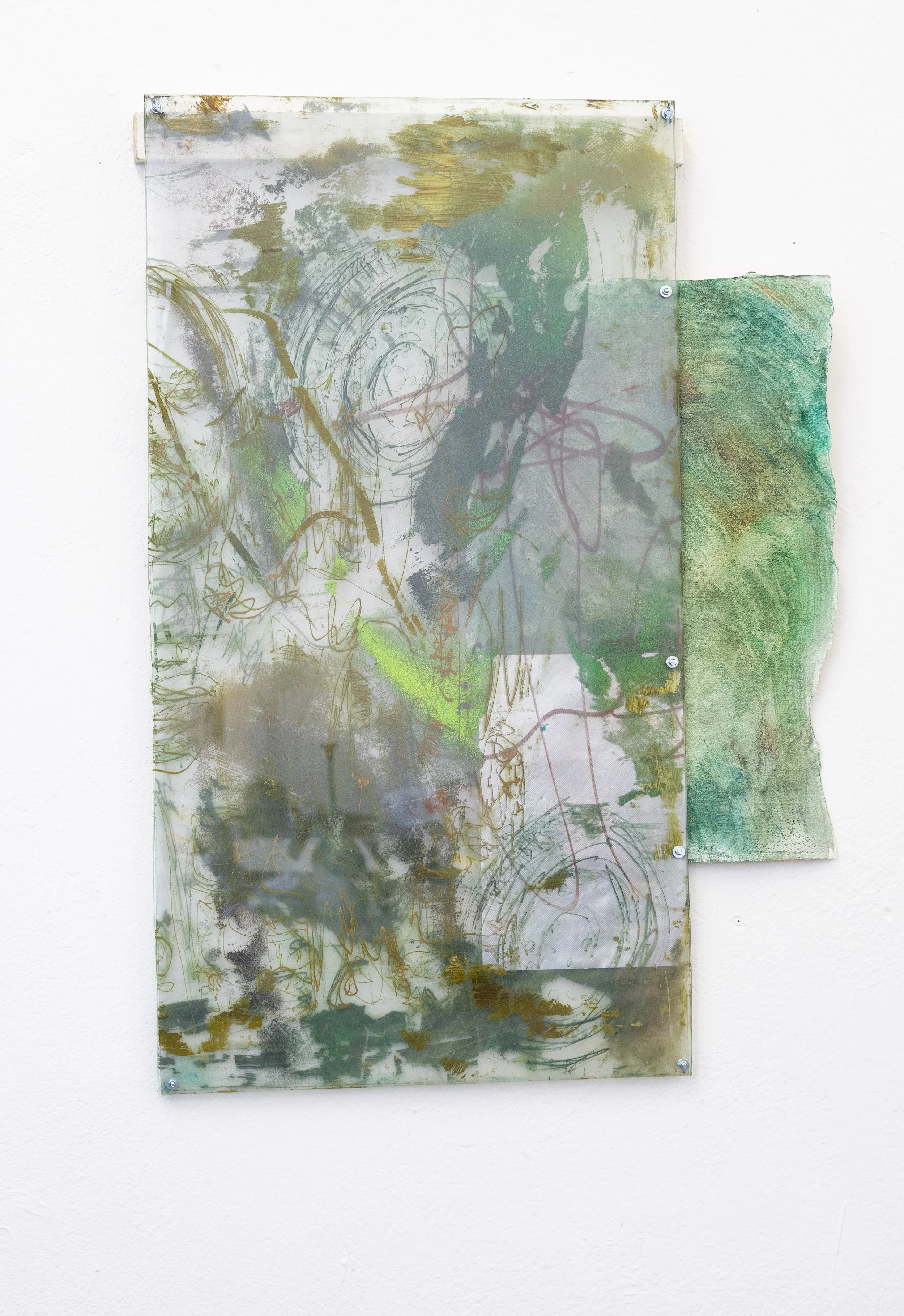  Unexpected Ophelia - 93.5x67cm - acrylic paint, watercolour and pigment on plexiglas, paper and printed flag hold togehter with Bolds - 2025