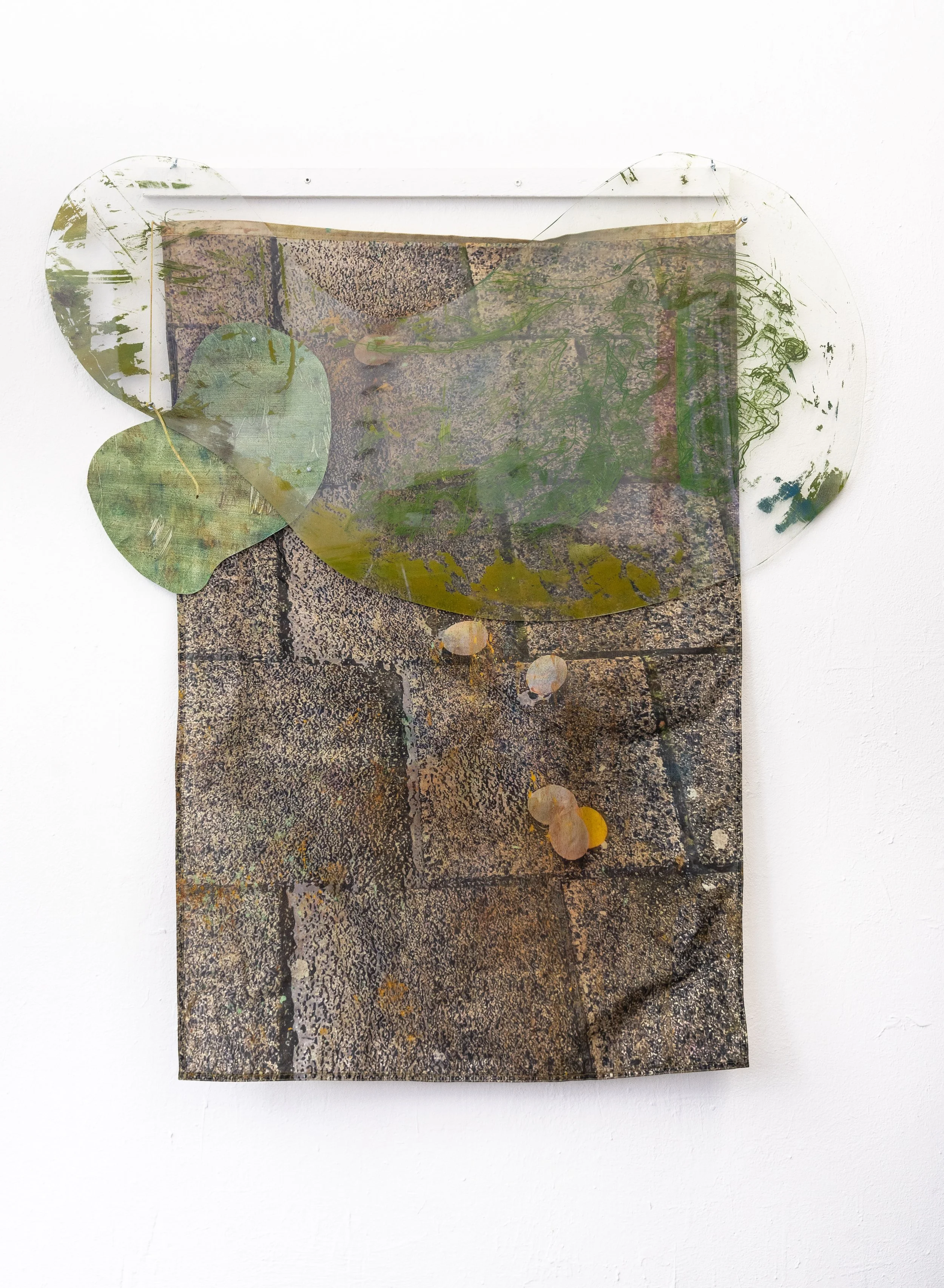  Fresh cut grass - 150x138cm - acrylic paint, watercolours and pigment on plexiglas, paper and printed flag hold togehter with Bolds - 2025